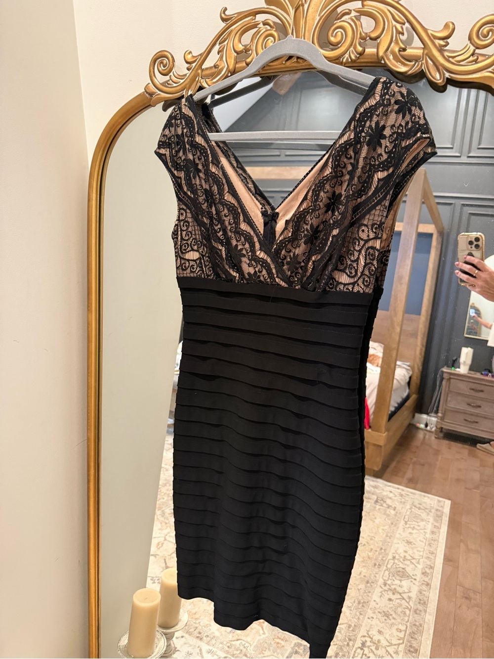 Adrianna Papell Black Lace & Nude Illusion Midi Dress